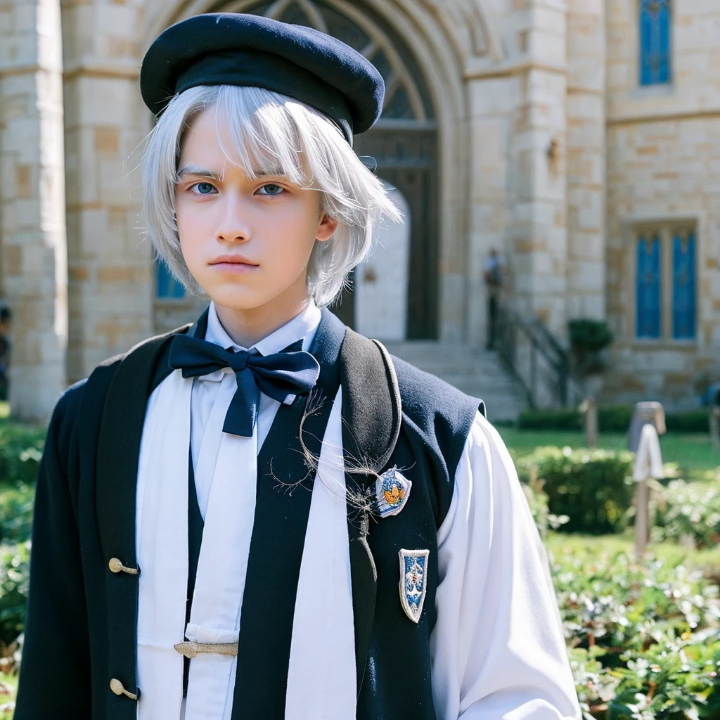Boy White hair Blue eye Hogwarts black uniform Hogwarts school