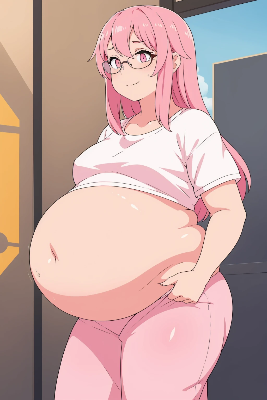 (Belly inflation:1.1)Flat chest, very small breasts, solo, 1girl, glasses, long fluffy pink hair, skinny, white t-shirt, pink fluffy sweatpants, slight smile, crop top, pajamas, navel exposed, pajama pants, half lid eyes, seductive