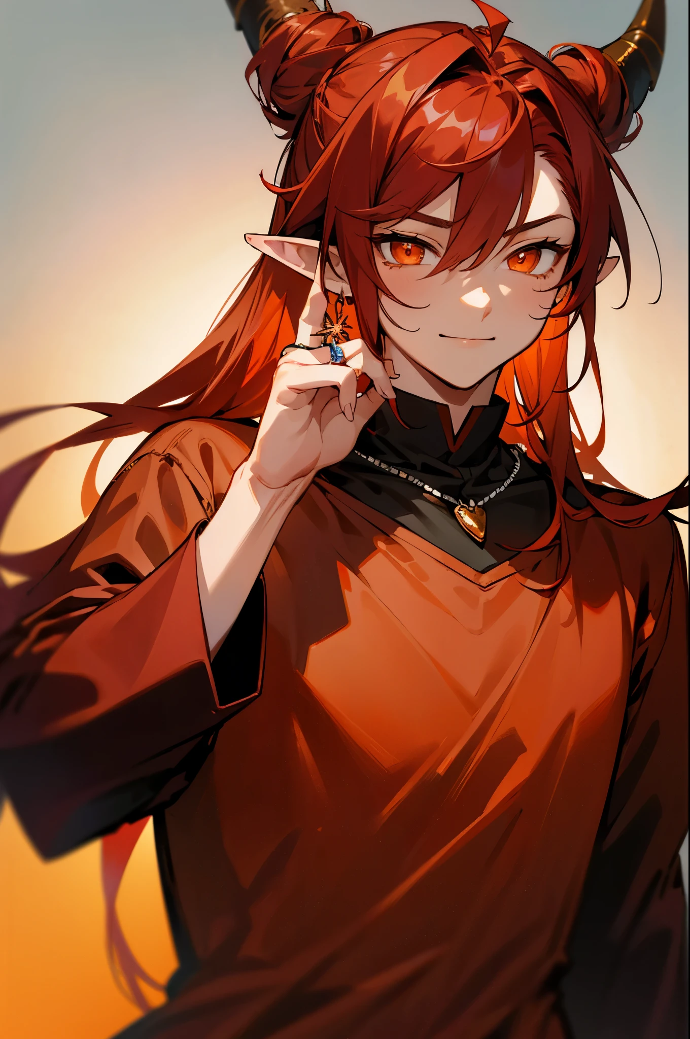 masterpiece, ssambatea, 1boy, solo,long hair, looking at viewer, smile, simple background, hair between eyes, jewelry, closed mouth, upper body, flower, red hair, horns, pointy ears, hand up, necklace, orange eyes, gradient, gradient background, dark red clothing, ring, fire, bright pupils, hair tied in a bun