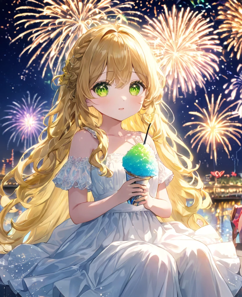 (masterpiece, best quality:1.2), (absurdres, highres, ultra-detailed), (perfect anatomy),
Cute Girls、Sitting、Holding in hand、shaved ice、Blonde、Curly long hair、Yellow-green eyes、White dress、Background sparkling fireworks、night、heart、
(8K, RAW photo:1.2),detailed face and eyes,intricate detail ,masterpiece ,sharp focus, high quality,BREAK,rating: general, newest