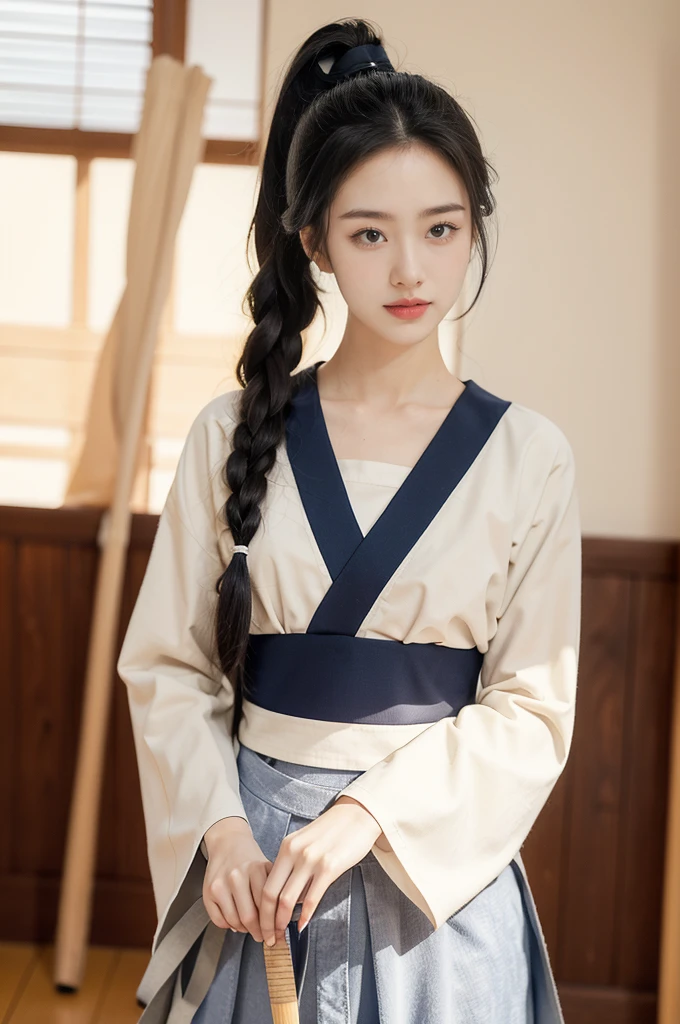 (((best quality))),(((ultra detailed))),(((masterpiece))),illustration,1girl,solo,tonogui,short ponytail,slim,thin,small breasts,flat chest,white collar,white kendogi,three-quarter sleeves,maxi navy-blue kendo hakama,standing in kendo gym,(holding a bokuto in hand:1.3),arms behind back,focused and determined expression,ready for challenge,slender and elegant face,confident and resilient,fair skin,blush,neat teeth,bright smile,clean and tidy uniform,wooden gym floor,wall,pine scent,standard grip,ready to slice through obstacles,strong belief,determination,spirit of resilience,admiring,from front,upper body,