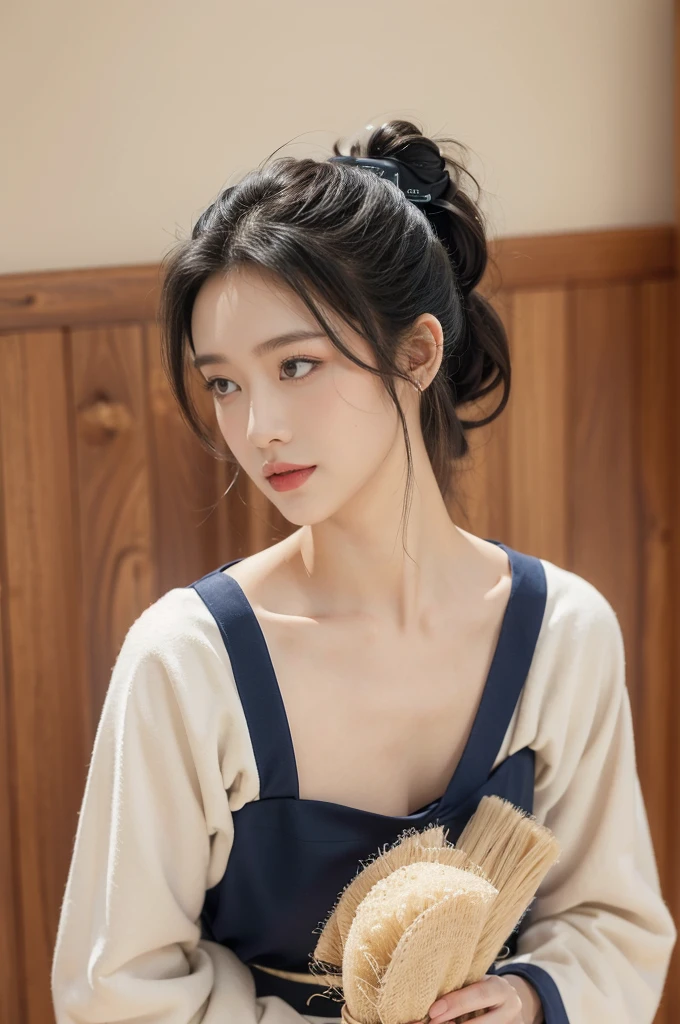 (((best quality))),(((ultra detailed))),(((masterpiece))),illustration,1girl,solo,tonogui,short ponytail,slim,thin,small breasts,flat chest,white collar,white kendogi,three-quarter sleeves,maxi navy-blue kendo hakama,standing in kendo gym,(holding a bokuto in hand:1.3),arms behind back,focused and determined expression,ready for challenge,slender and elegant face,confident and resilient,fair skin,blush,neat teeth,bright smile,clean and tidy uniform,wooden gym floor,wall,pine scent,standard grip,ready to slice through obstacles,strong belief,determination,spirit of resilience,admiring,from front,upper body,