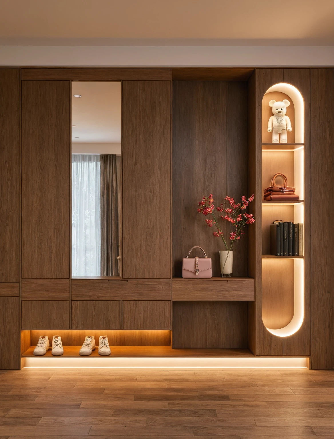 Raw photo,Masterpiece, high quality, best quality, authentic, super detail, interior, shoes Cabinet style modern luxury , sunset, daylight, shoe cabinets, decorative cabinets, flower vases, led lights, ceiling lights, decorations, books, wooden floor, handbags, shoes, bearbrick, mirror,