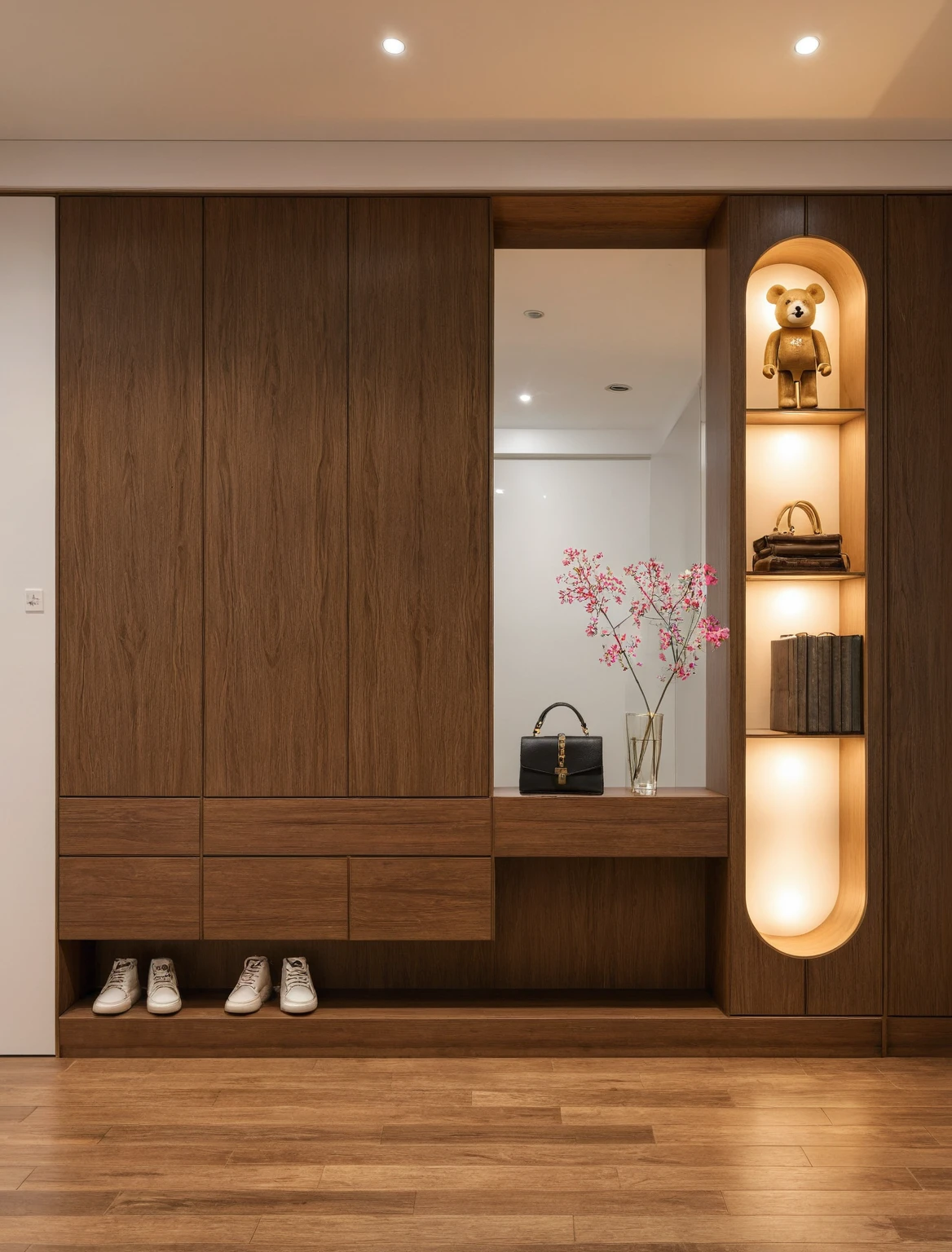 Raw photo,Masterpiece, high quality, best quality, authentic, super detail, interior, shoes Cabinet style modern luxury , sunset, daylight, shoe cabinets, decorative cabinets, flower vases, led lights, ceiling lights, decorations, books, wooden floor, handbags, shoes, bearbrick, mirror,