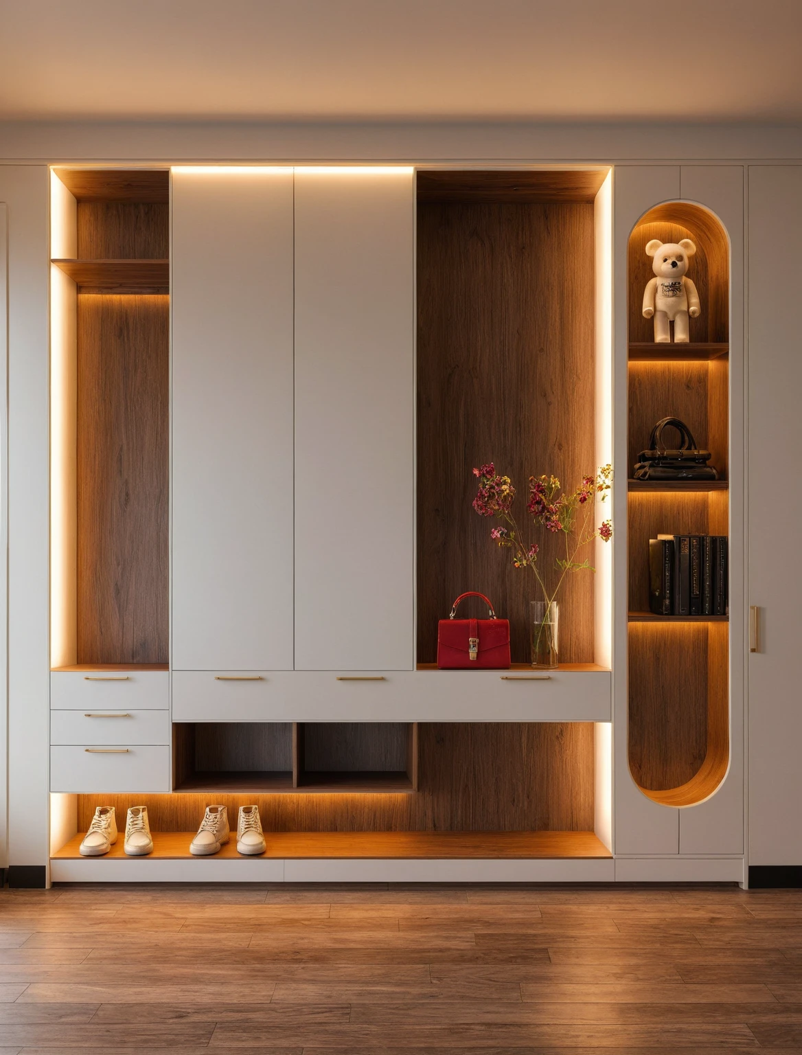 Raw photo,Masterpiece, high quality, best quality, authentic, super detail, interior, shoes Cabinet style modern luxury , sunset, daylight, shoe cabinets, decorative cabinets, flower vases, led lights, ceiling lights, decorations, books, wooden floor, handbags, shoes, bearbrick, mirror,