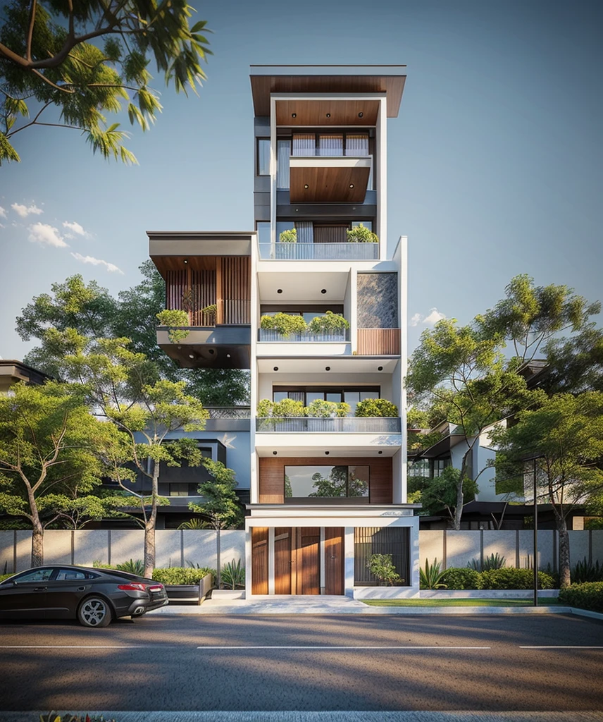 Modern architecture, The main materials are white walls and wood, 1 large yard, A road runs across the front of the house, (Ảnh nguyên bản, Thực tế, best quality, masterpiece: 1.2), looks modern and minimalist, 1 asphalt road in front of the house, (surreal, surreal ảnh: 1.2), High Quality, (Warm interior lighting: 1.2), afternoon sky