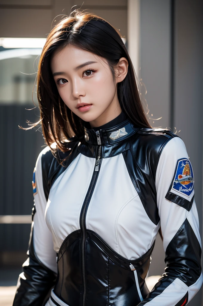 best quality, 8k, very delicate and beautiful, highly detailed face and skin texture, shiny skin, high resolution, sexy asian girl in fighter pilot suit, sharp focus