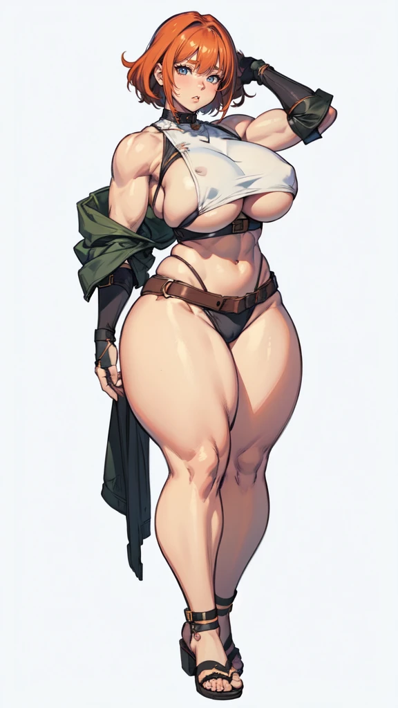 (masterpiece), best quality, female warrior, huge girl, female muscular:1.2, hair over one eye, ginger hair, massive , curvy, ((thick thighs:1.4)), (((blank background))), ((full body)), fingerless gloves, sandals, sleeveless, covered , (underboobs:1.3), medium hair, thin hair
