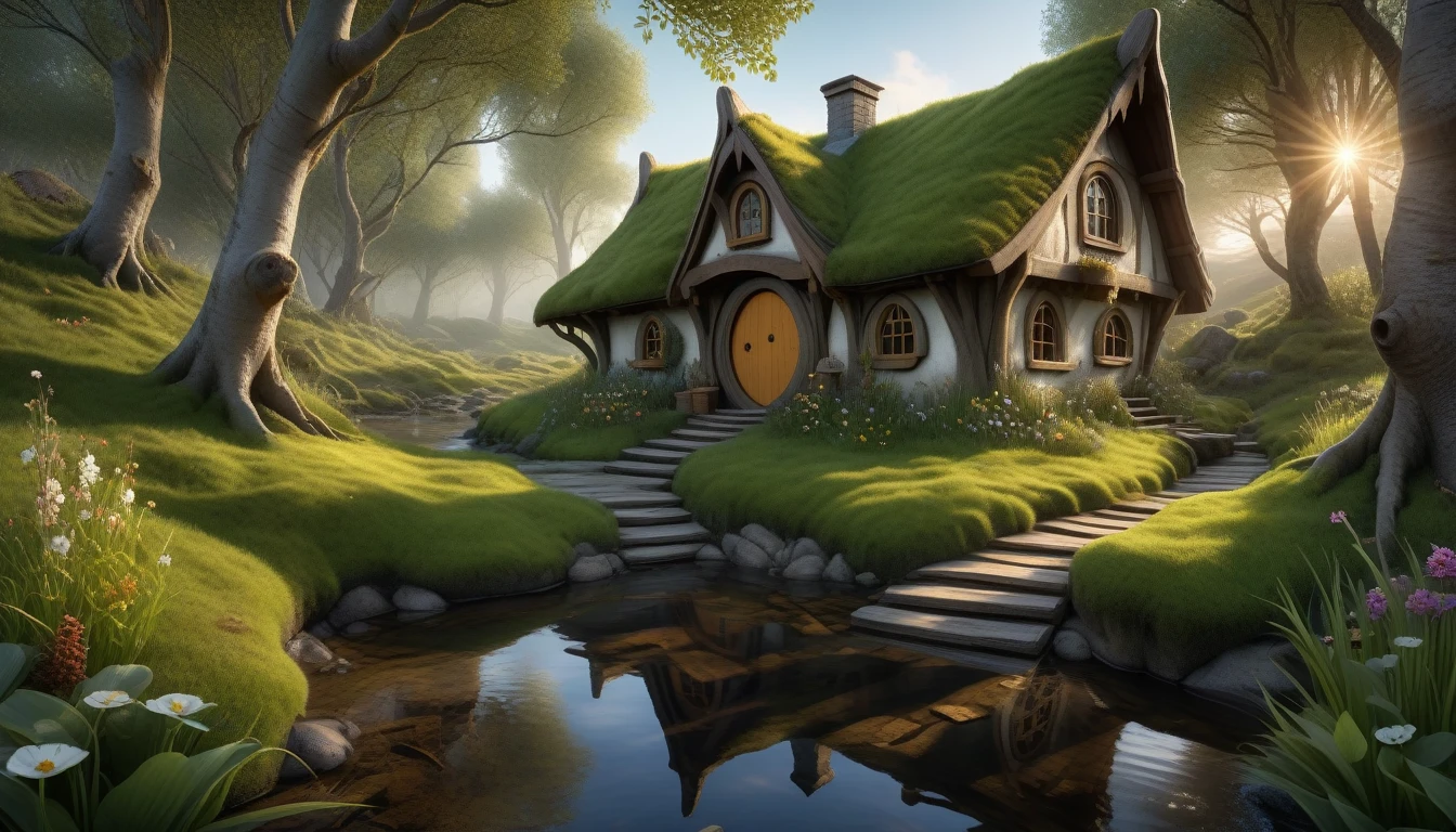 Raw photo, 8k uhd, dslr, photo-realistic, hyperrealism, 8k resolution, hdr, highly detailed, ultra detailed.
The house of the hobbit in the birch grove near the stream.
(The dwarf catches fish).
Moss, a little morning fog, dawn, sunrise, rays of light through the leaves of trees, flowers on the grass, bright little butterflies, frogs in the water of the stream.