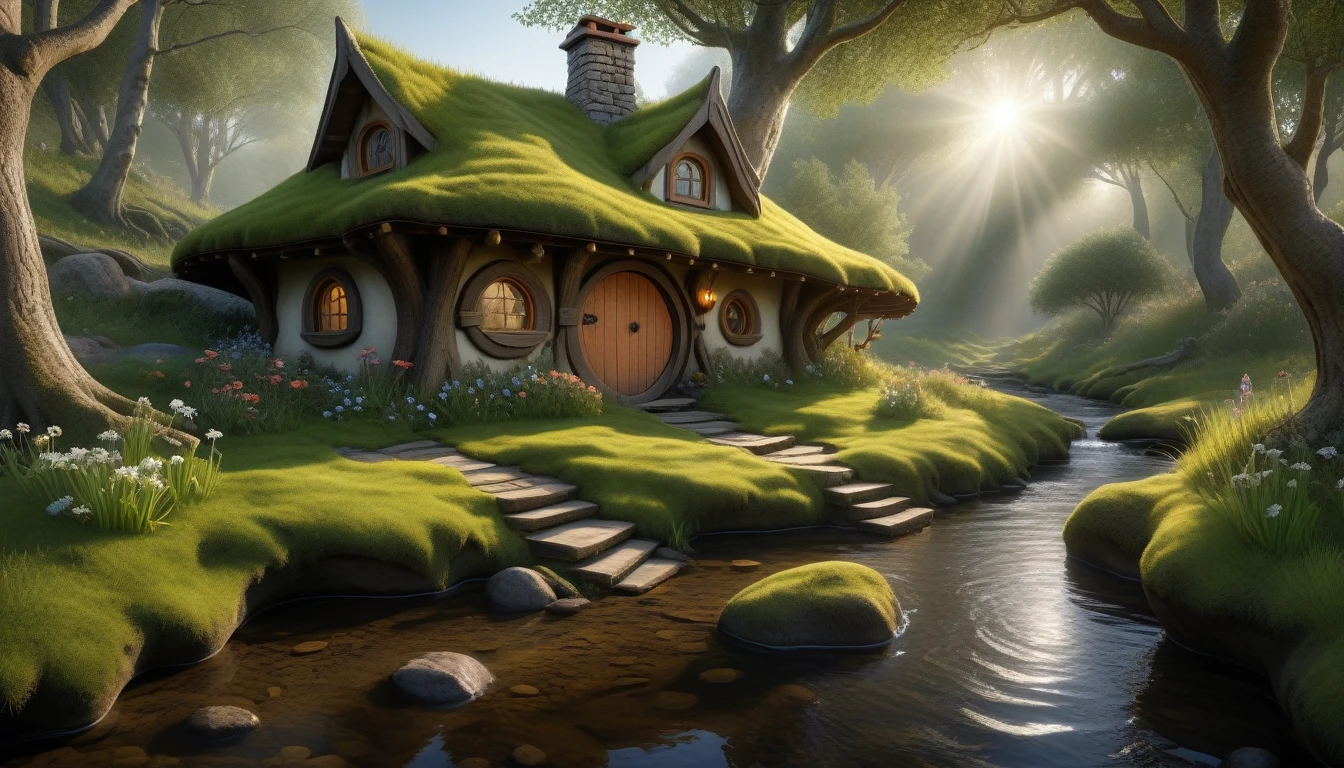Raw photo, 8k uhd, dslr, photo-realistic, hyperrealism, 8k resolution, hdr, highly detailed, ultra detailed. 
The house of the hobbit in the birch grove near the stream. 
(The dwarf catches fish). 
Moss, a little morning fog, dawn, sunrise, rays of light through the leaves of trees, flowers on the grass, bright little butterflies, frogs in the water of the stream.