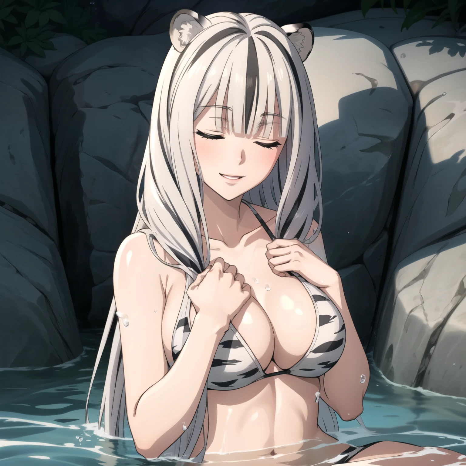 Atlas Fayon woman 40 years, white hair with black stripes ,white tiger ears, closed eyes, mujer ciega con closed eyes, Bikini sexy, He is bathing in the ocean, drops of water on his chest, water drops splashing, big breasts. SMILE.