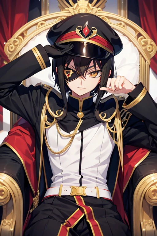 Cat spelling,male,Black Hair,Eye patch,military cap,Personification,Chuunibyou,cool,Sit on a throne,Smile wickedly,((Code Geass Style)) ,perfect face,Short Hair