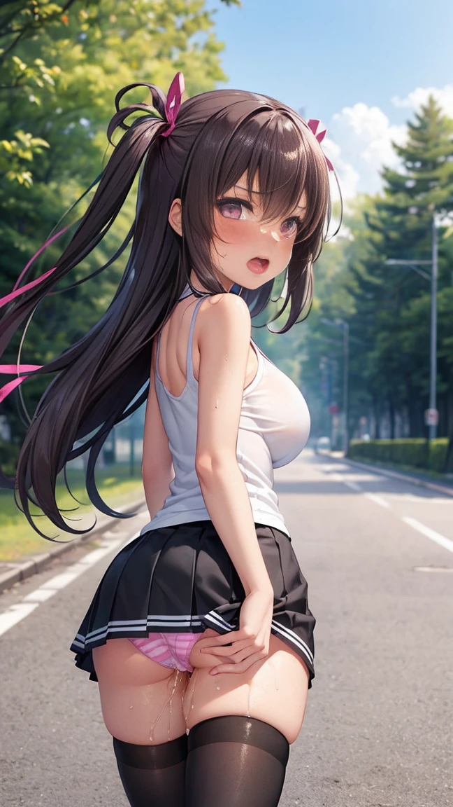 Highest quality,masterpiece,8K,1girl,((big breasts,,litt)),((orgasm,blush:1.3)),angry, sweat,mini skirt,lift skirt,upskirt,mizuki yukikaze,hair ribbon, white tank top, black skirt, mini skirt, black thighhighs,pussy juice,pink panties,striped,((walking1.3)),forest,forest林,from behind