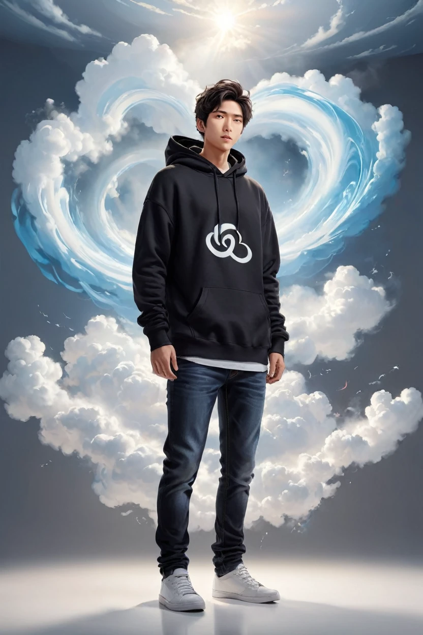 Photorealistic ちび art style, Man in jeans and black hoodie,Engage your audience, Artistic, Artist, Simple volumetric light background, swirling clouds, Color Art, 