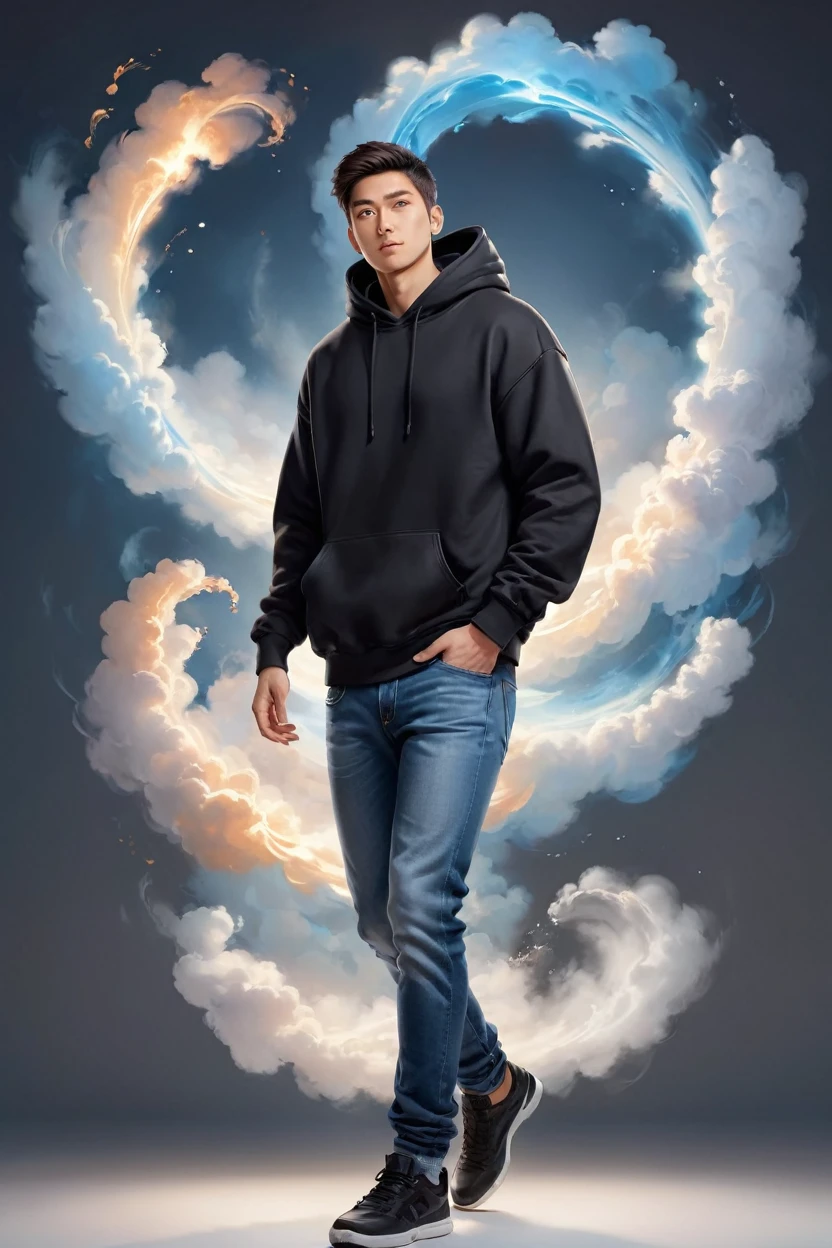 Photorealistic ちび art style, Man in jeans and black hoodie,Engage your audience, Artistic, Artist, Simple volumetric light background, swirling clouds, Color Art,