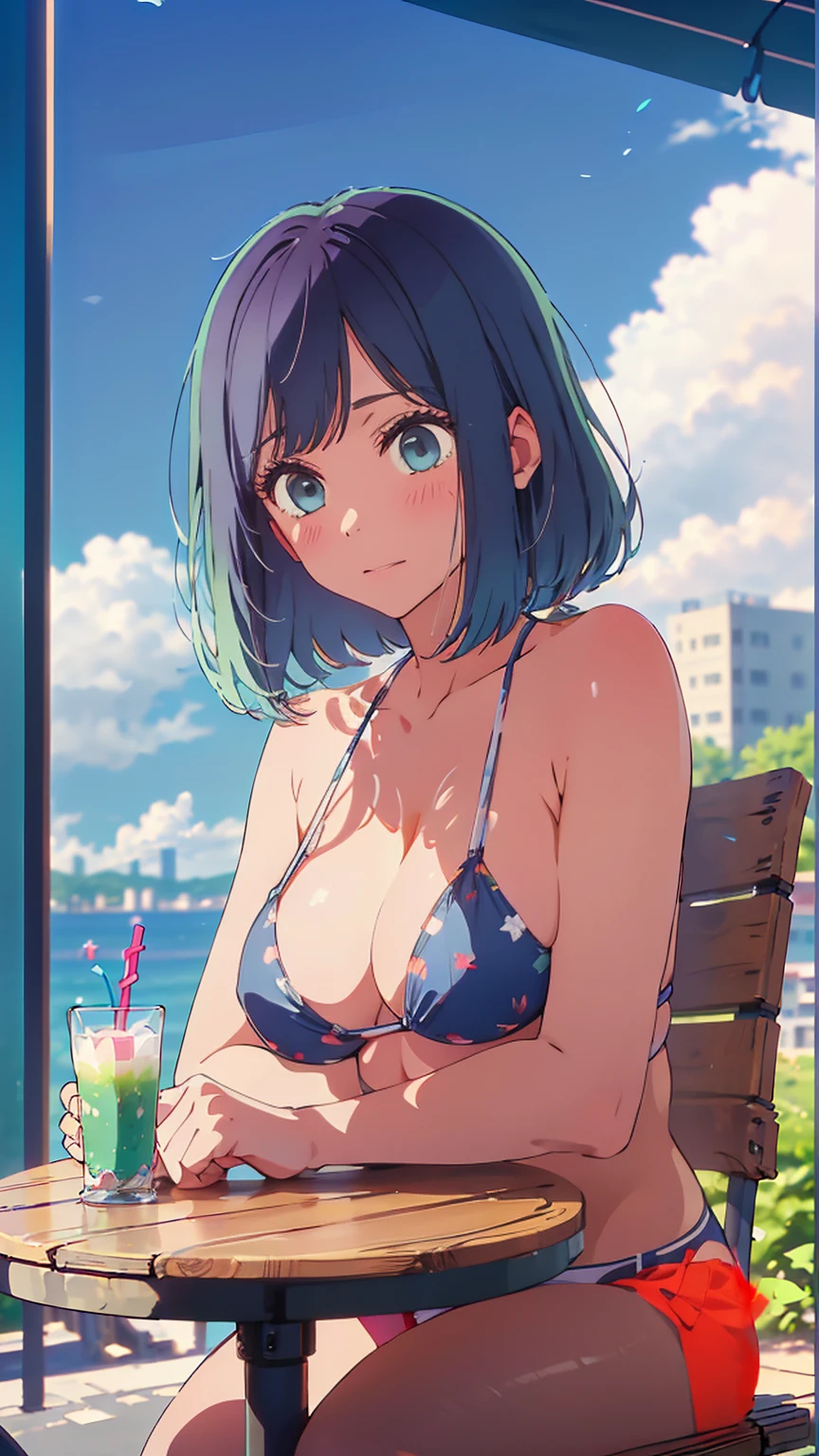 (Highest quality:1.4、masterpiece:1.4、Super detailed:1.4、8K:1.4)、F cup bust、Big Breasts、Slim body、((((1 person、Surprised expression、sit、Chair、In the background are the urban buildings of Tokyo、looking at the camera、Outdoor café terrace、coastal、Navy hair color、juice、table、Very cute face))))、(Pose of putting hair behind ears with hands:1.4、Cheek resting on hand:1.4)、((nude、Areola、bikini))、Very blue sky、A completely cloudless sky、Big eyes、((((Shallow depth of field))))、Pink Lips、Jacket