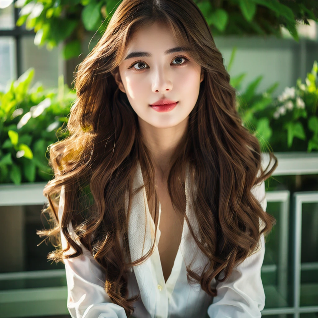 (masterpiece, best quality:1.2), 1girl, (full body), solo, beautiful detailed eyes, beautiful detailed lips, extremely detailed face and portrait, long eyelashes, young woman, serene expression, flowing hair, outdoor office, lush greenery, sunlight, warm color tones, cinematic lighting, photorealistic