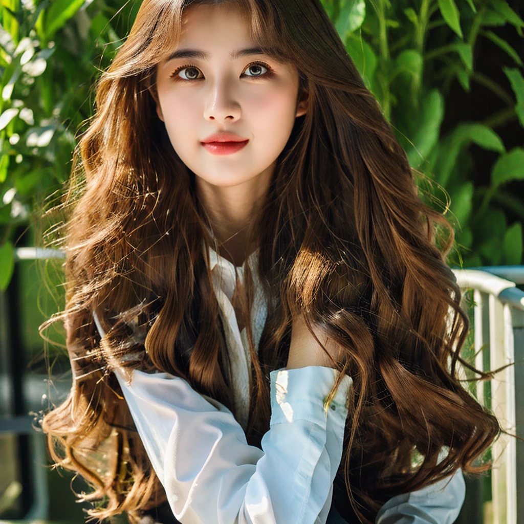 (masterpiece, best quality:1.2), 1girl, (full body), solo, beautiful detailed eyes, beautiful detailed lips, extremely detailed face and portrait, long eyelashes, young woman, serene expression, flowing hair, outdoor office, lush greenery, sunlight, warm color tones, cinematic lighting, photorealistic