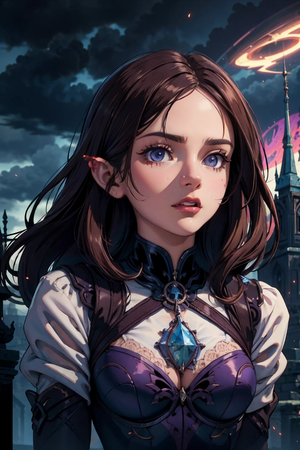 beautiful, (work line:1.1), 1 girl, adult (elven:0.7) Women, parts, purple eyes, brown hair cut with a razor, ombre, Estilo-GravityMagic, Alone, Upper part of the body, looking at the viewer, detailed background, detailed face, (goticorrorai, gothic theme:1.1),sad, bright eyes from another world, emissary of death, Tattered white clothes, dynamic pose, omen, , forgotten runes, floating particles, ancient monument in the background, rats in the background, , wisps of cold steam, dark clouds, low light, creepy dark and mysterious atmosphere,
