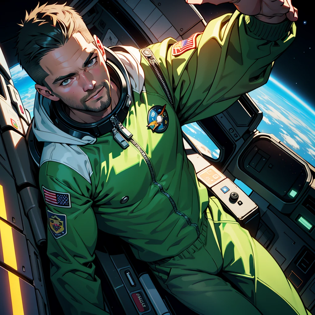 32k,masterpiece, best quality, detailed face, natural eyes,1man, solo mature man, muscled and mature, stephen amell as an astronaut wearing future space suit, dark green suit, showing muscles and bulge ,floating in the space inside a space shuttle , with "arrow" text and logo on his suit ,  full body, intricate Detailed background 