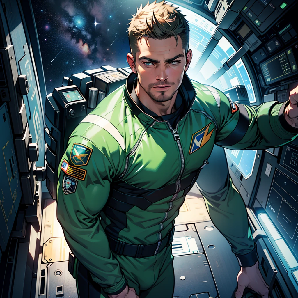 32k,masterpiece, best quality, detailed face, natural eyes,1man, solo mature man, muscled and mature, stephen amell as an astronaut wearing future space suit, dark green suit, showing muscles and bulge ,floating in the space inside a space shuttle , with "arrow" text and logo on his suit , full body, intricate Detailed background