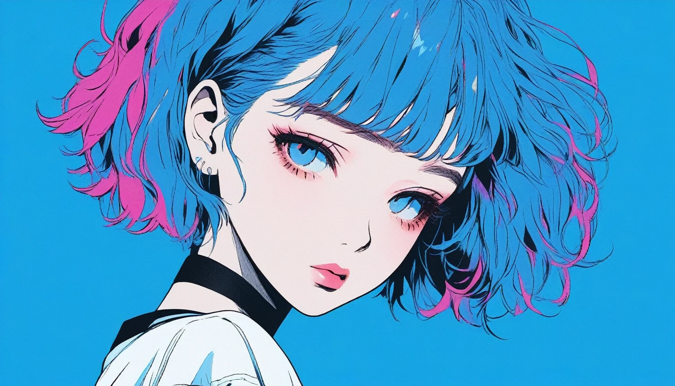 Illustrator, anime , Realistic ,sketch , 1 Girl, ,lip, T-shirt,order,Textured Trim, (masterpiece,Highest quality) Blue background, Neon Hair,Textured Trim, Canadian, (masterpiece,Highest quality) Cancer