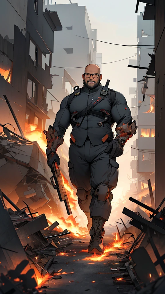 A round-faced with bald head obese Indonesian man with glasses, wearing a mecha suit, walks holding a rifle amidst war-torn ruins filled with fire. This photo's creativity captivates by blending traditional and futuristic elements, creating a striking and meaningful visual.