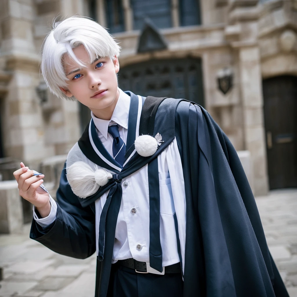 Boy White hair Blue eye Hogwarts black uniform Hogwarts school