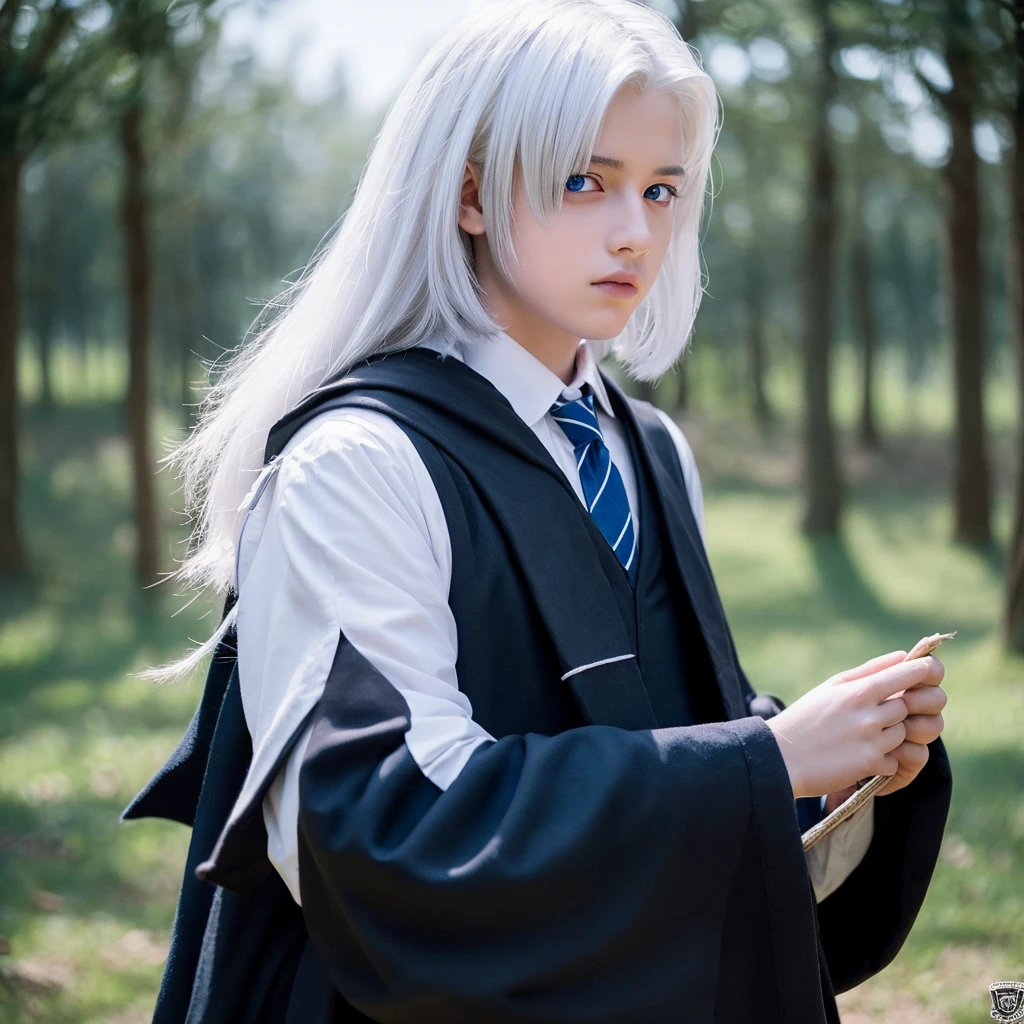 Boy White hair Blue eye Hogwarts black uniform Hogwarts school