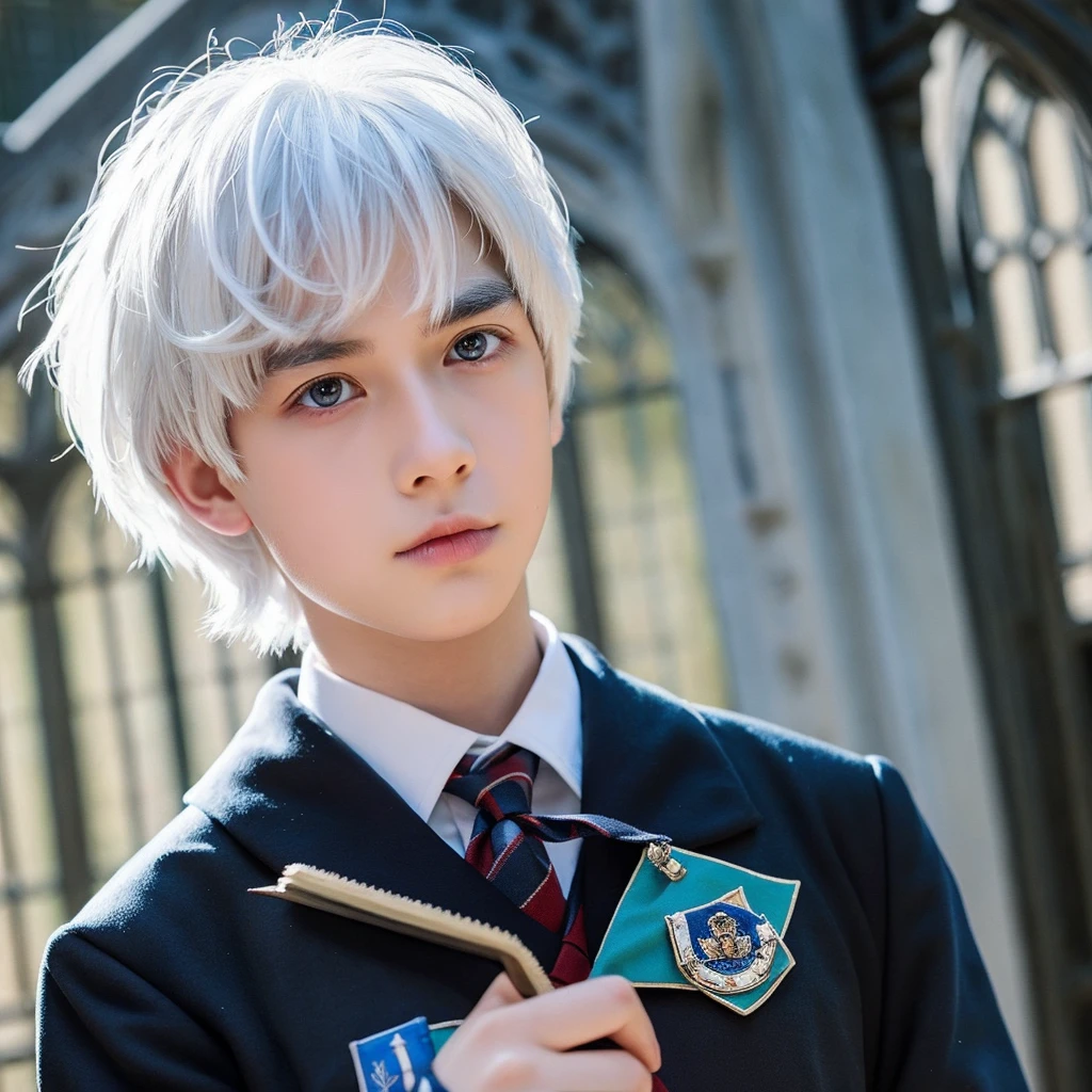 Boy White hair Blue eye Hogwarts black uniform Hogwarts school
