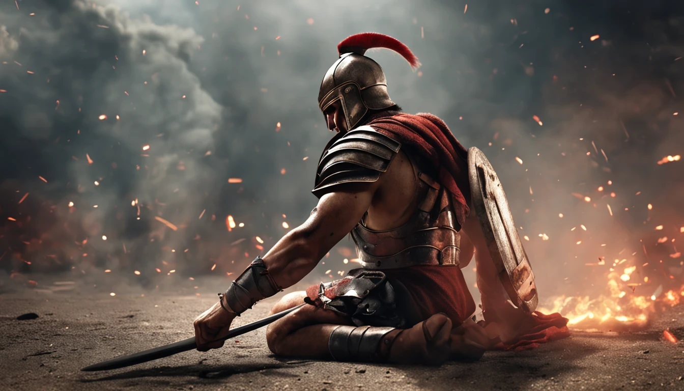 A SPARTAN WARRIOR WOUNDED AFTER DEFEATING HIS ENEMIES, CREATIVE BATTLE BACKGROUND