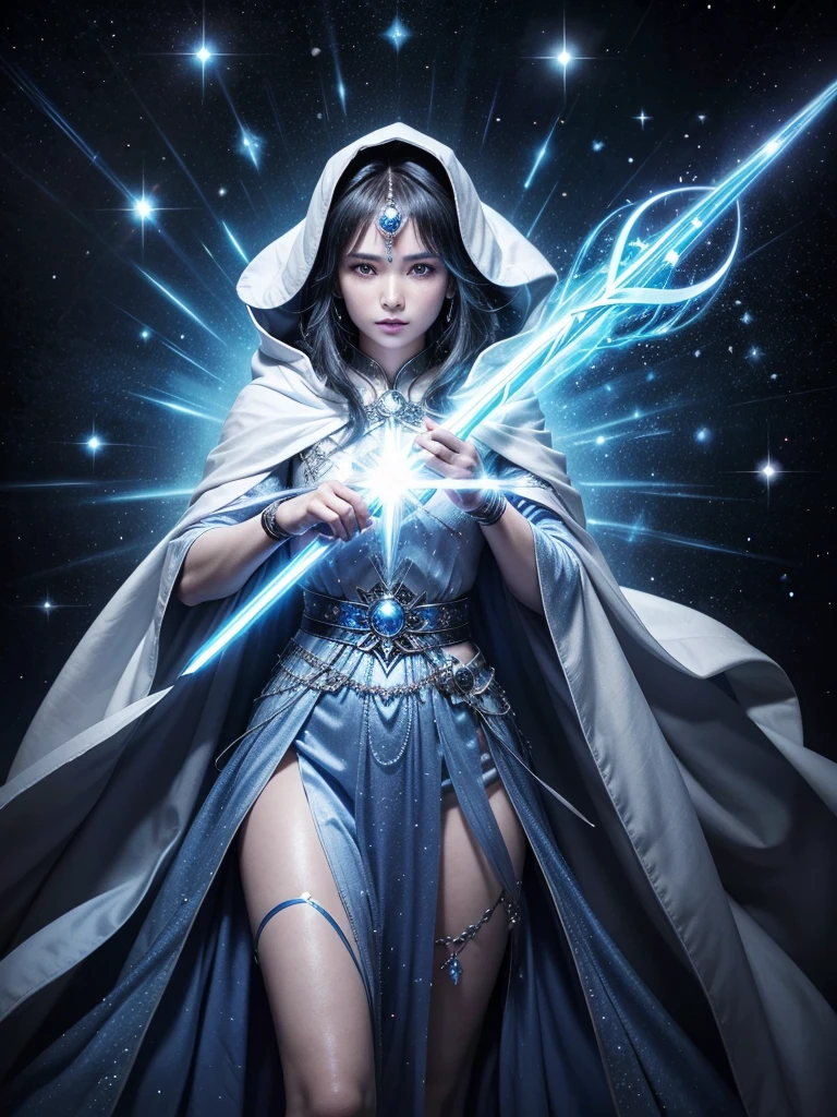 The powerful mage is draped in a sky-blue silk cloak adorned with ever-moving patterns of silver stars and moons. Her white tunic is decorated with crystals that reflect all the colors of the rainbow. Wielding a carved wooden staff, she radiates an aura of mystery and arcane energy, ready to cast powerful spells and manipulate the forces of nature in her fantasy world.