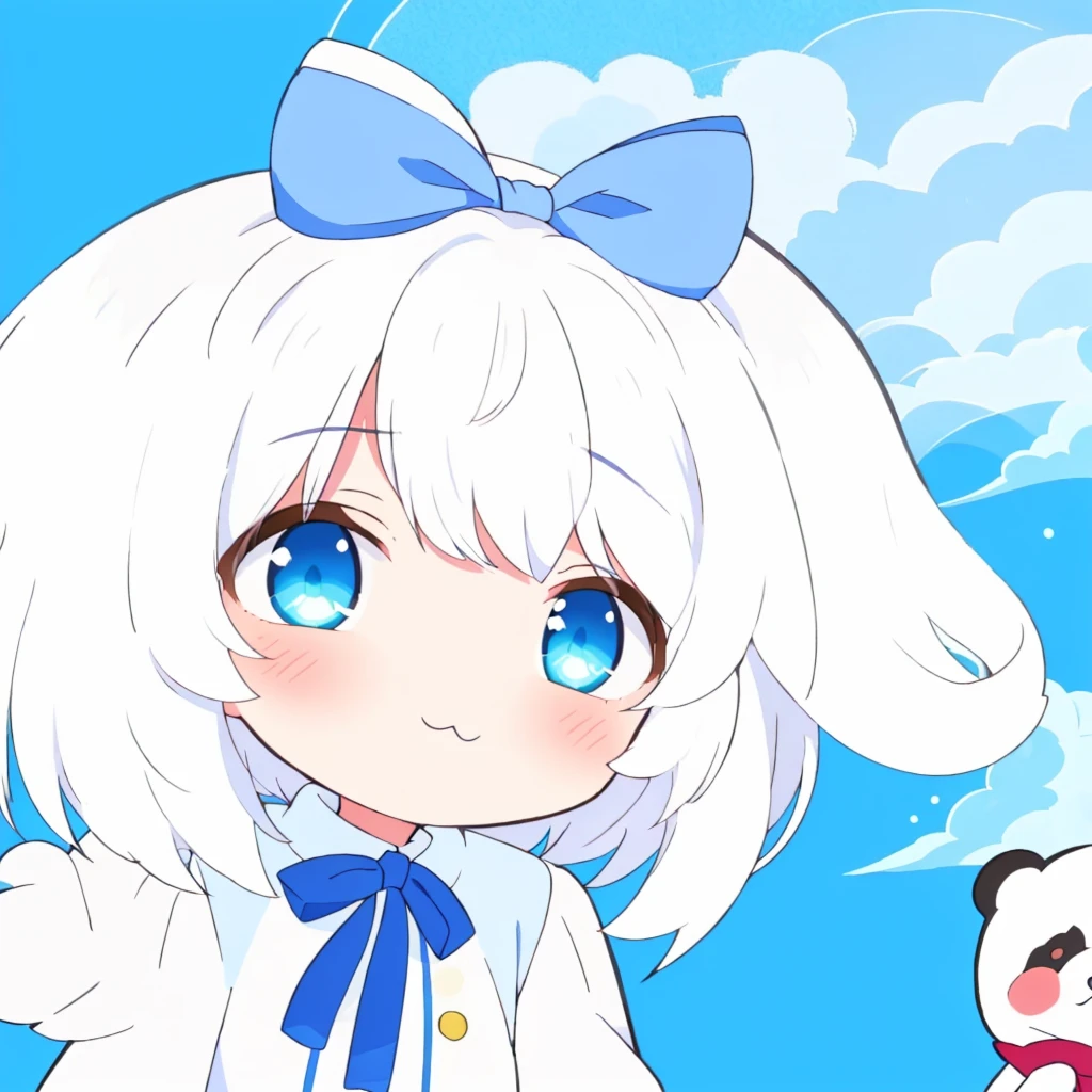 anime girl with white hair and blue bow holding a panda bear, cute anime style, loli, white cloud hair, small loli girl, , white-haired, white background : 3, white haired, cute character, cute anime, anime chibi, cute anime face, chibi, ruan cute vtuber, soft anime illustration, soft anime