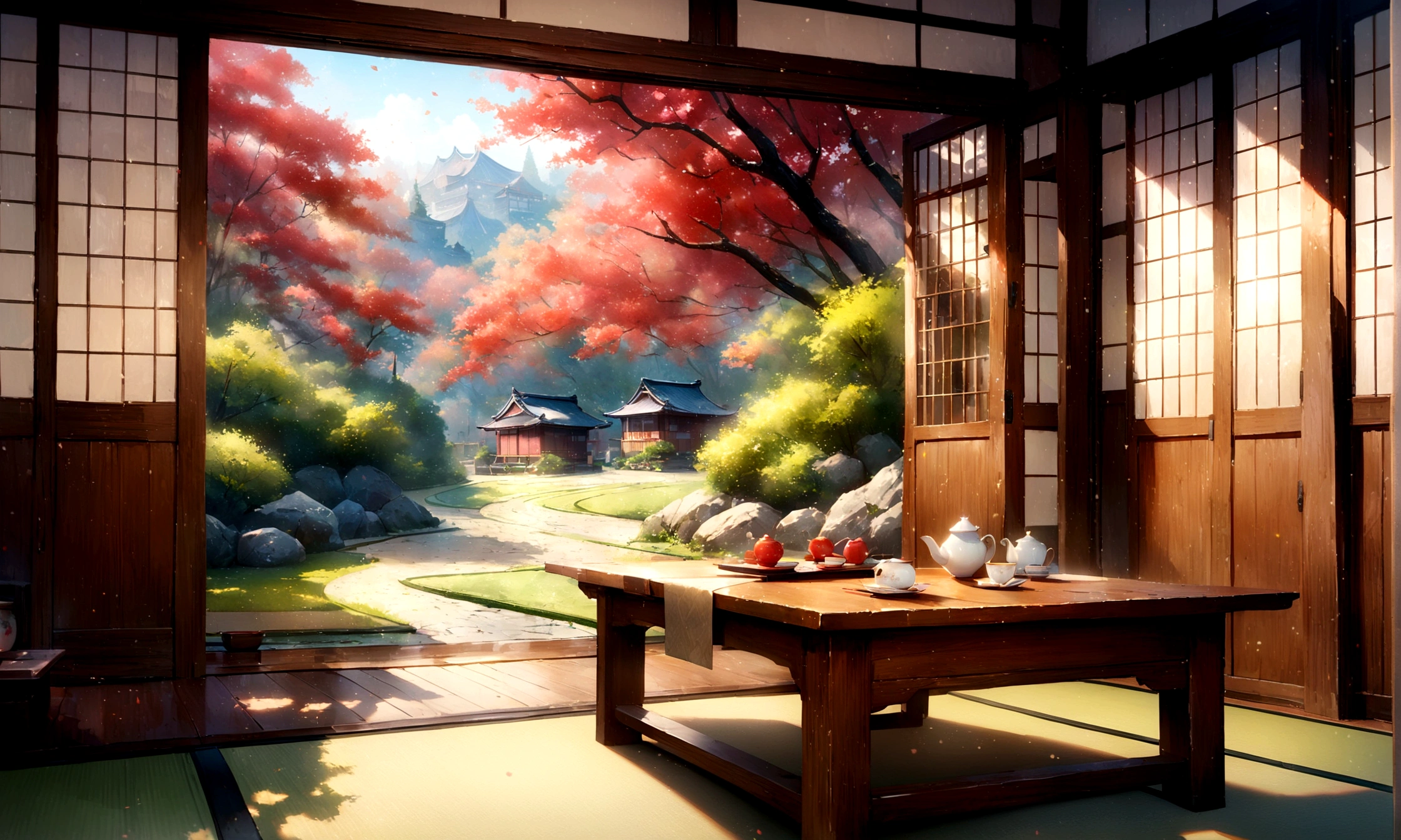 Showa era Japanese house, Nostalgic scenery,tatami,Low table,Tea room,Blur the background,Glitter effect,Highest quality, 8K, High resolution, masterpiece:1.2, Very detailed, Realistic:1.37, High resolution, 超High resolution, Ultra-fine painting, Very detailed, Professional, Vibrant colors