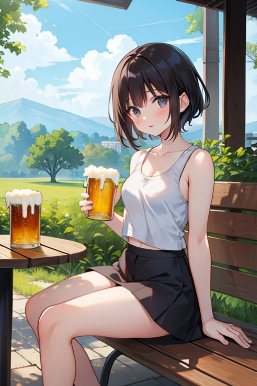 create an anime girl in a black miniskirt with white underwear 26 years old sitting on a bench wearing a low-cut blouse, white woman in tank tops and holding a jar of beer in a luxurious bar landscape