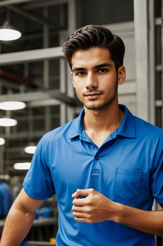 A worker with a blue shirt