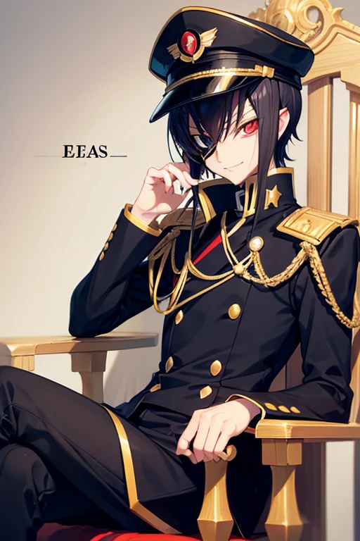 Cat spelling,male,Black Hair,Eye patch,military cap,Personification,Chuunibyou,cool,Sit on a throne,Smile wickedly,((Code Geass Style)) ,perfect face,Short Hair,perfect hands
