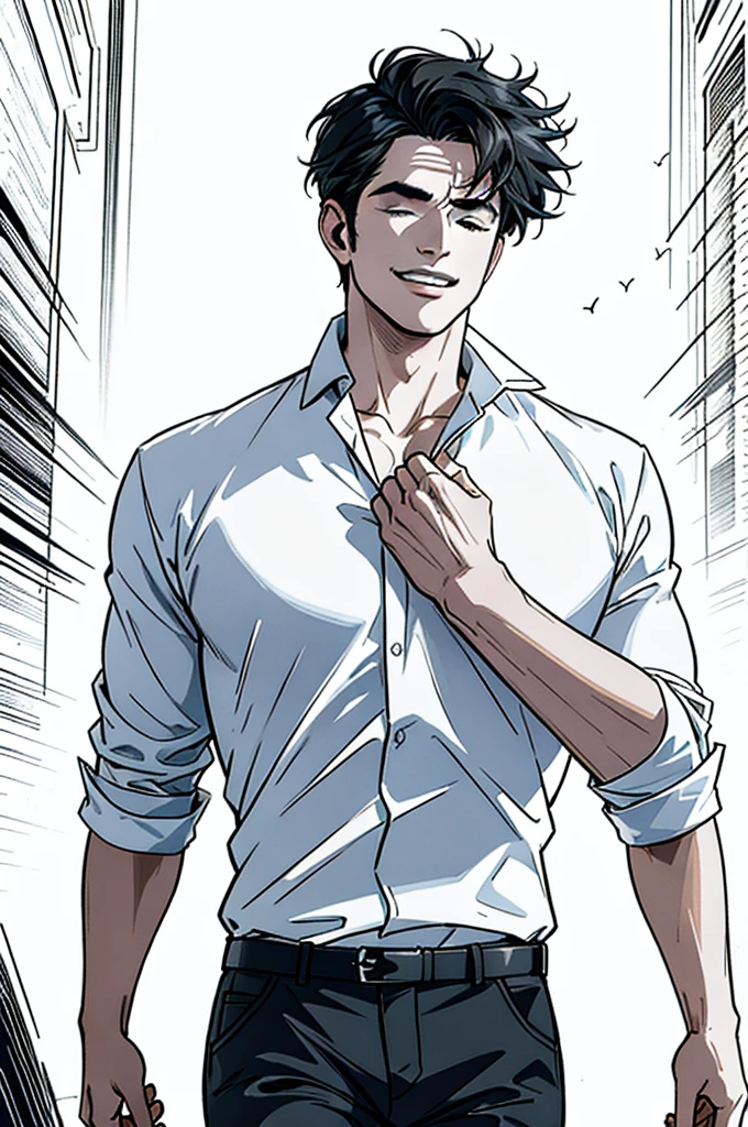 a handsome man with black hair clapping while smiling, eyes closed, wearing a white shirt and black pants, realistic, highly detailed, cinematic lighting, ultra-detailed, 8k, best quality, masterpiece, photorealistic, dramatic, cinematic, chiaroscuro lighting, vivid colors