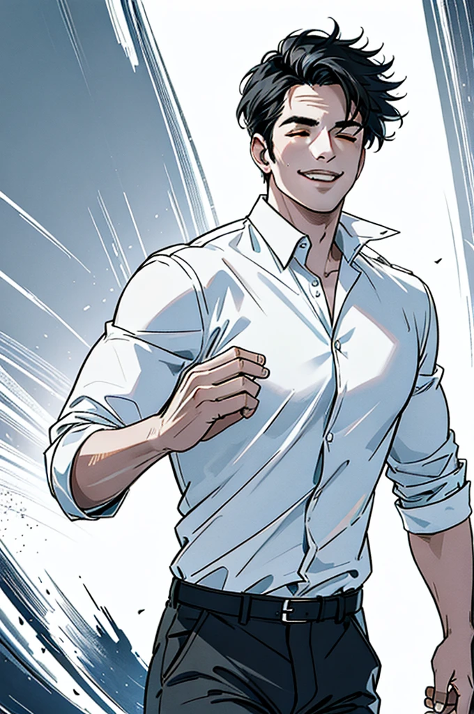 a handsome man with black hair clapping while smiling, eyes closed, wearing a white shirt and black pants, realistic, highly detailed, cinematic lighting, ultra-detailed, 8k, best quality, masterpiece, photorealistic, dramatic, cinematic, chiaroscuro lighting, vivid colors