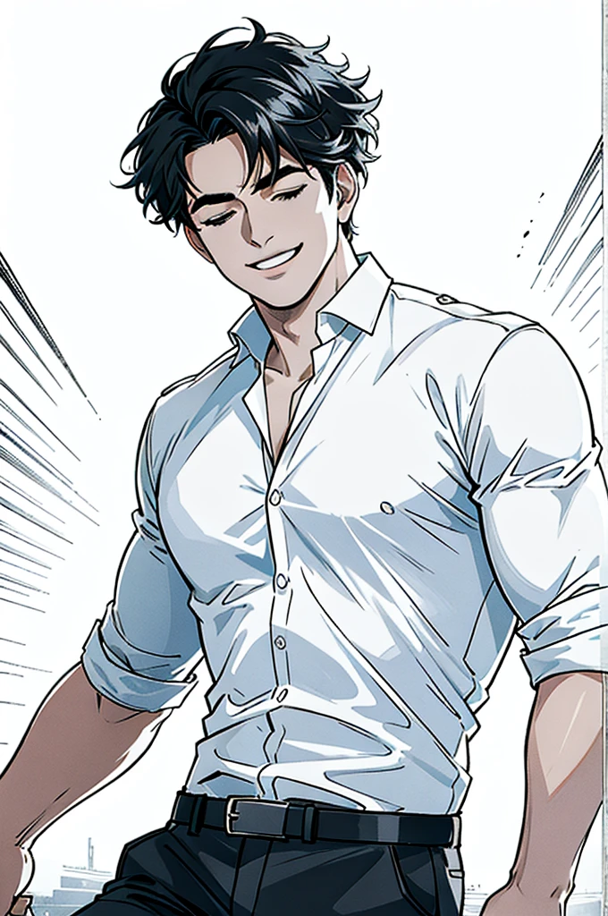 a handsome man with black hair clapping while smiling, eyes closed, wearing a white shirt and black pants, realistic, highly detailed, cinematic lighting, ultra-detailed, 8k, best quality, masterpiece, photorealistic, dramatic, cinematic, chiaroscuro lighting, vivid colors