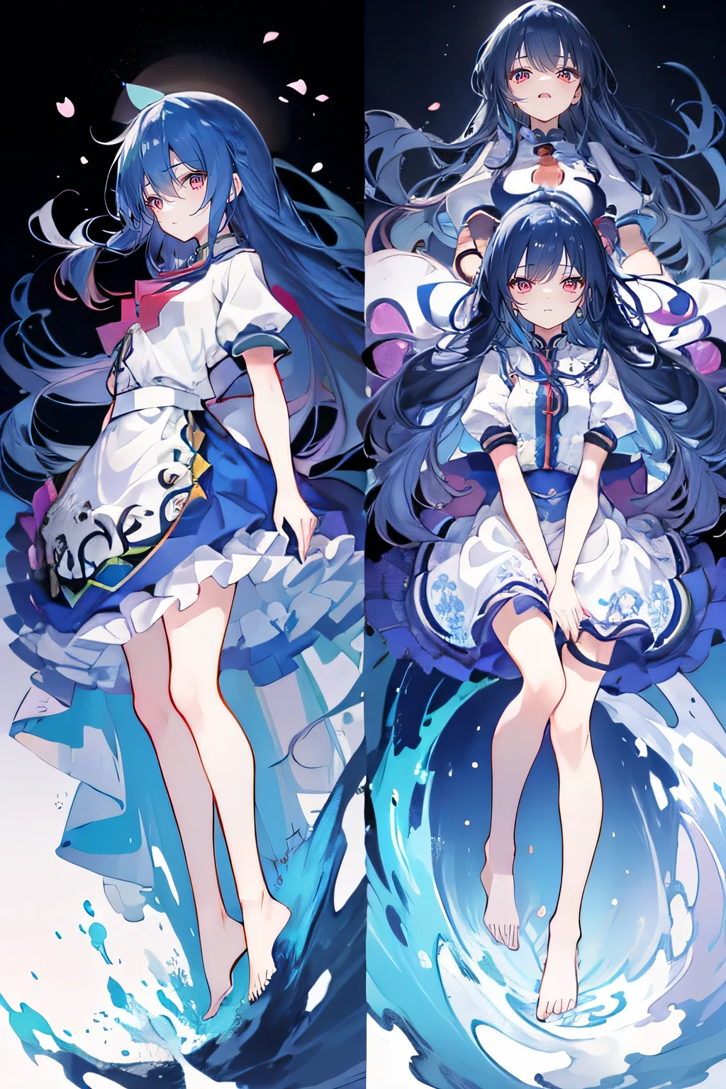 (masterpiece:1.2),Super detailed,lifelike,Expressive eyes,fair skin,perfect face shape,1 girl,
Japanese comics,Gorgeous blue hair,flowing blue hair,flowing clothes,Petals fall,beautiful lola,Baby Angel,
Shaking head with one hand,Cross your legs,Gentle and peaceful background,The pavilion is cool and comfortable,smile, wearing hoodie, background of tokyo,back views,snowing, winter,lie on the water. dark blue gradient hair,asymmetrical hair,((Hair is very thick 1.8,Chiseled hair 1.6)), Hair over the shoulders, Messy hair, Very long hair, shiny hair,(long dark blue hair:1.2),A beautiful girl,(Transparent clothes transparent 1.8),Perfect body,Big thin legs,slender,(Looks very sad,Looks haggard ,sadness,shut your mouth:1.2) Against the backdrop of an unusually bright dark starry sky,(Put your hands behind your back),(round,Room, Strong breasts),barefoot,float,water surface,(long legs,long legs,long legs,Complete)