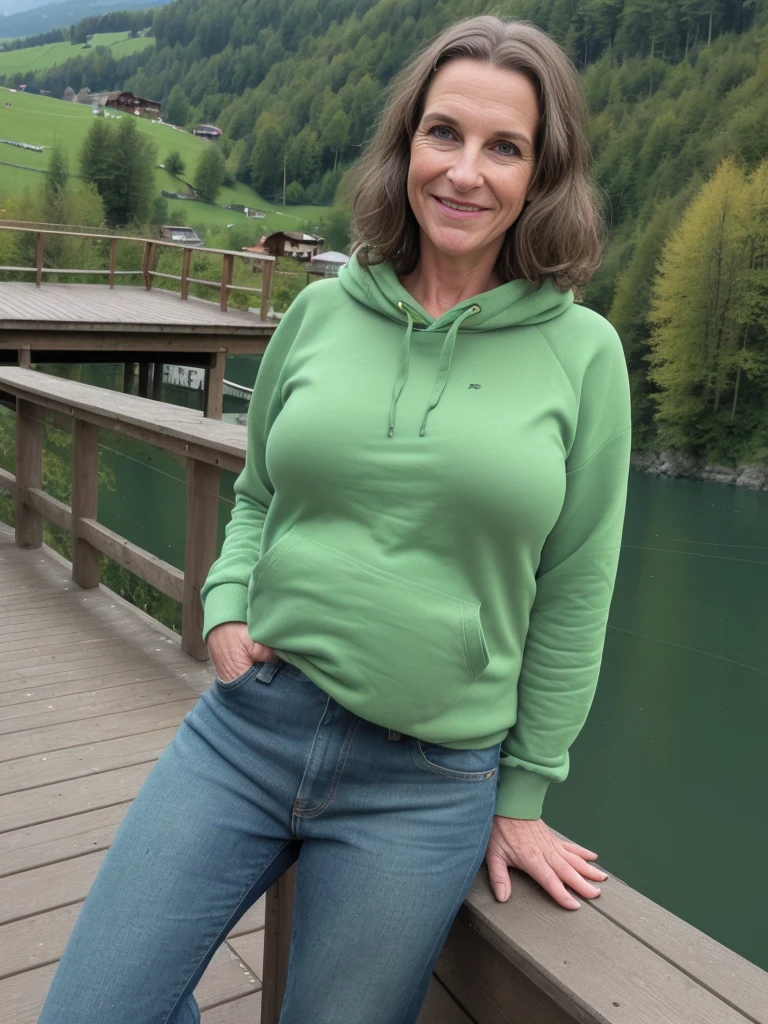 1 girl, solo, Liechtensteiner woman, Old woman, her name is Lissa, (((50 years old woman))), (mother), (((wrinkles))), ((brunette)), ((fair skin)), ((rectangular face)), ((Liechtensteiner nose)), ((big plump lips)), ((high cheeks)), ((medium hair)), ((wearing green Sweatshirt and jeans)), ((background: outdoor fishing deck settings in Switzerland)), ((wide shot)), smiling