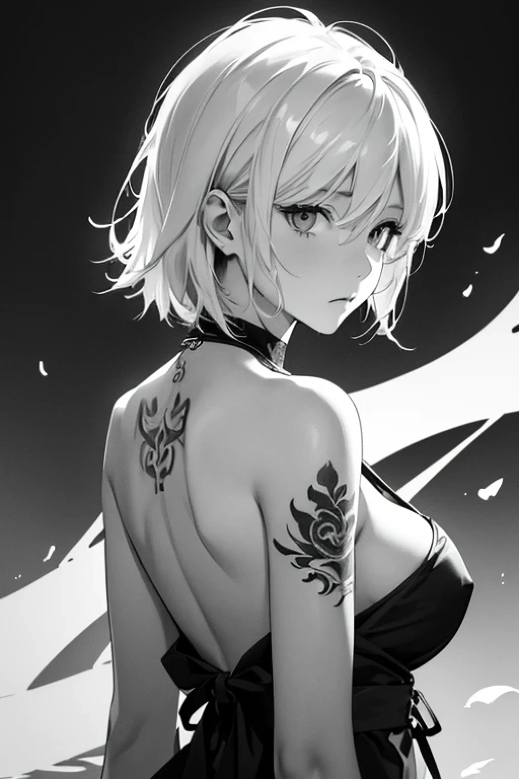 ((monochrome))(Image from chest up:1.4)((masterpiece:1.5,Highest quality,Beautiful images、Sketch、2.5D、Ink Painting、Abstract、Artistic、Portraiture))(1girl, solo)(medium breasts, white hair、bob hair、Beautiful cleavage、Exposing shoulders、Tattoo on shoulder)(Profile Portrait,Gaze sideways、Gaze diagonally、Shake your head、A sad expression, floating hair)(Monotone artistic background)((from behind:1.5)),Landscape