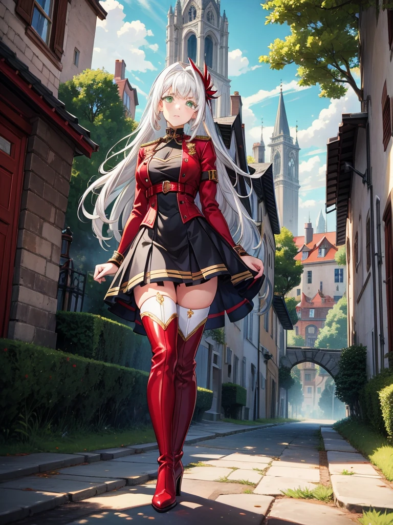 young woman,in red thigh-high boots,Good,quality,big,variety,skirt,city,trees,green eyes. White hair, Anime,expenses,Crushed,A wall,for the whole growth,heels,cute face,Beautiful, I look at the screen,shadow,black dress,put on.
French village.