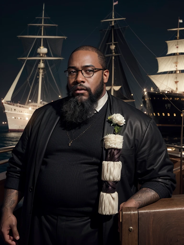 hyper realistic image a black man, dark, fat, bald, wears a black beard, big head, wears black-rimmed square prescription glasses (like Jack Dawson from the movie Titanic), standing, with the ship Titanic passing behind him, seen from the front , full body, in the year 1912, photograph with an antique look