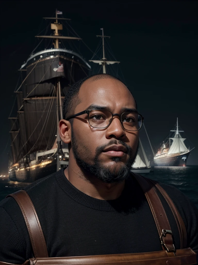 hyper realistic image a black man, dark, fat, bald, wears a black beard, big head, wears black-rimmed square prescription glasses (like Jack Dawson from the movie Titanic), standing, with the ship Titanic passing behind him, seen from the front , full body, in the year 1912, photograph with an antique look
