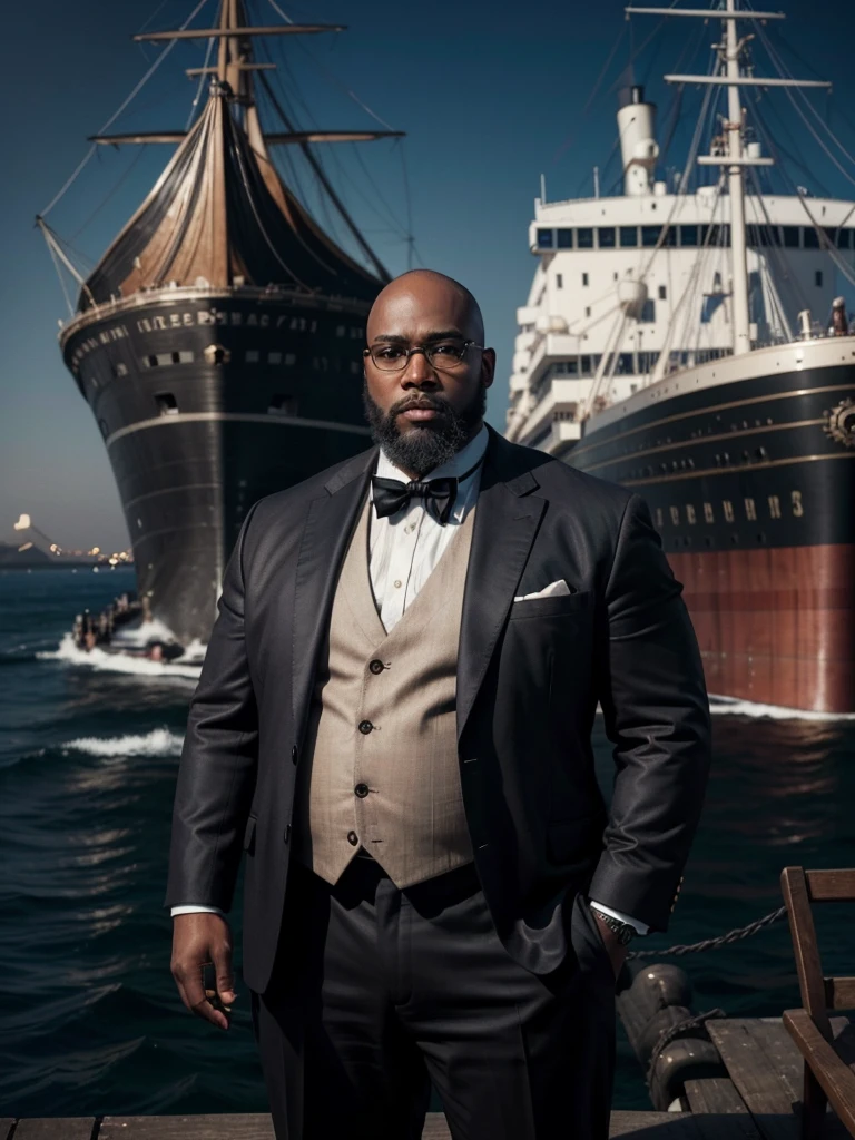 hyper realistic image a black man, dark, fat, bald, wears a black beard, big head, wears black-rimmed square prescription glasses (like Jack Dawson from the movie Titanic), standing, with the ship Titanic passing behind him, seen from the front , full body, in the year 1912, photograph with an antique look