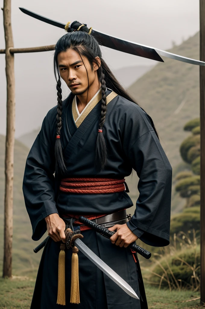 A samurai with long hair tied up, holding a sword, wearing long sleeved clothes turned to the side.