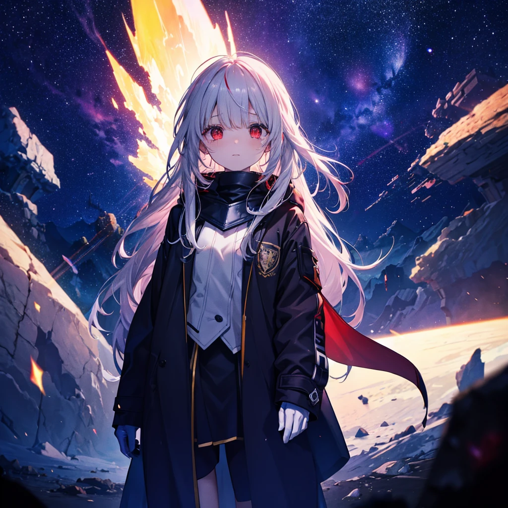 (((Fantasy　Long Hair　Dull red eyes)))　((There is a galaxy　uniform　Put on a coat without putting your arms through it　Lonely　despair))　((tears　gloves))　(((Broken glass)))　(Distorted Space-Time　star)　Catch the wind　autumn　Shining Background　Particles of light,