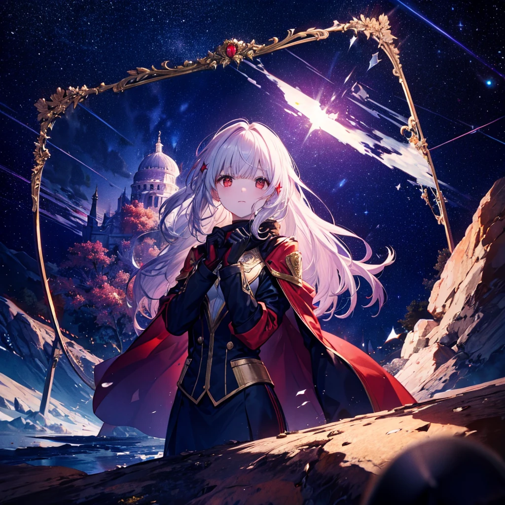 (((Fantasy Long Hair Dull red eyes))) ((There is a galaxy uniform Put on a coat without putting your arms through it Lonely despair)) ((tears gloves)) (((Broken glass))) (Distorted Space-Time star) Catch the wind autumn Shining Background Particles of light,
